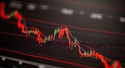 Stock market chart with predominantly red candlesticks indicating a downward trend