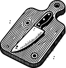Illustration of a chef's knife resting on a wooden cutting board in a black and white drawing style