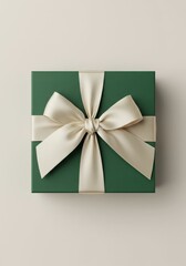 Elegant green gift box with cream bow on neutral background
