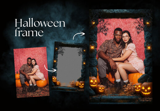 Halloween Photo Frame Flyer Template with Haunted House Inspired Pumpkin Jack-O-Lantern Border