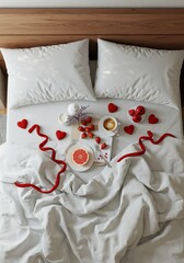 Cozy morning breakfast in bed with fruits and coffee on white sheets