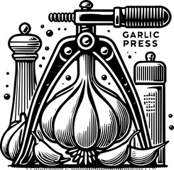Illustration of a garlic press with garlic cloves, pepper mill, and spice container in black and white