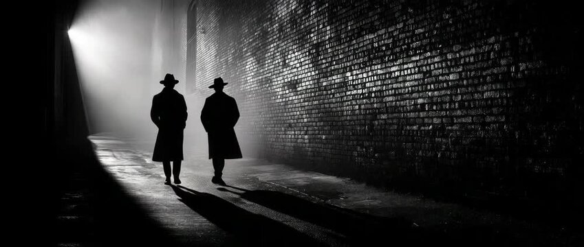 Men in hats and coats walking down dark alleyway, noir black and white