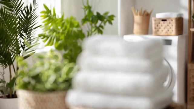 A stack of white towels on a wicker basket beside a small potted plant; a washing machine sits in the background.