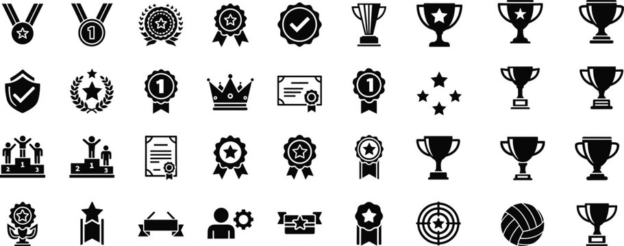 Award icons, trophy symbols, medal graphics, achievement badges, competition elements, recognition signs, sports awards, certificate icons, podium illustrations, victory emblems - Powered by Adobe