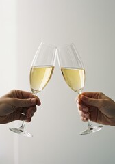 Toasting celebration with champagne glasses in hands against light background