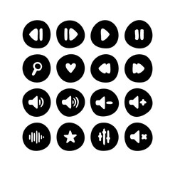 Doodle Music Media Player Icons Set. Podcast signs. Hand Drawn Play, Pause, Stop, Volume, Equalizer Buttons. Round black shapes. Fun and simple outline design for music, video, audio apps, podcast