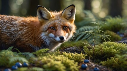 Fototapeta premium A close-up of a red fox in a lush forest, surrounded by ferns and blueberries, capturing a serene moment