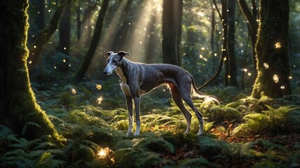 A serene greyhound stands amidst lush greenery in a sunlit forest, with ethereal light filtering through trees