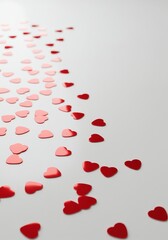 Scattered red heart confetti on white surface symbolizing love and romance