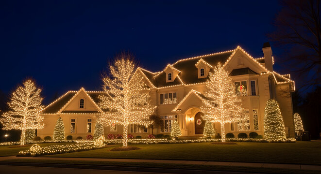 A large house is decorated with christmas lights at night