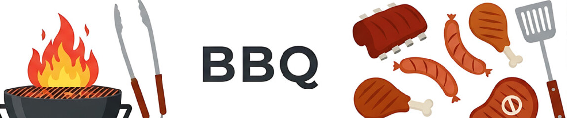 A vivid illustration of BBQ elements including fire, tools, and grilled meat.