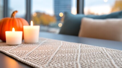 Vertical handmade lace table runner with autumn decor, pumpkins, flowers, candles, and hot drink, cozy interior still life with copy space