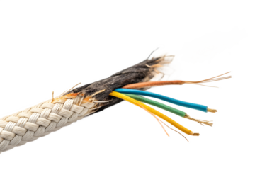 Damaged electrical cable with exposed colorful wires on transparent background