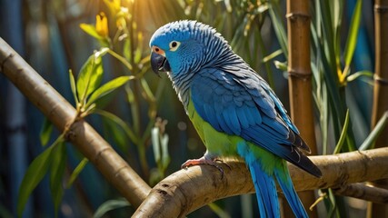 Vibrant blue and green parrot perched on bamboo, surrounded by lush greenery and sunlight