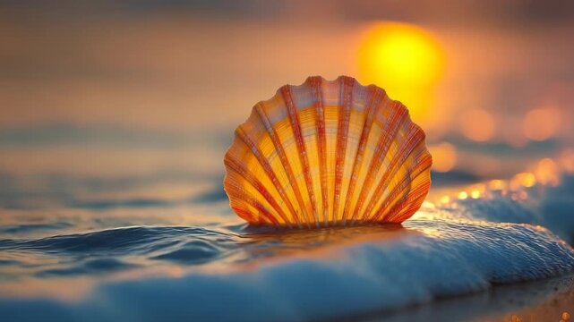 Golden seashell on a sandy beach at sunset reflecting sunlight