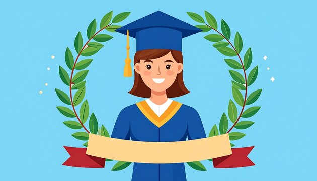 Cartoon graduate woman in graduation gown - Powered by Adobe