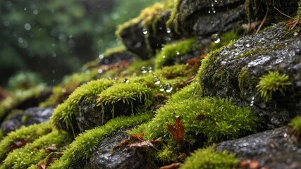 Close-up view of vibrant green moss covering rocky terrain with raindrops glistening in the background