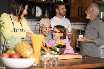 Family, kitchen or cook, healthy dinner in happy house.