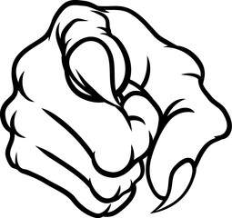 Cartoon Halloween illustration of monster claw hand with sharp nails or talons, pointing directly at viewer.