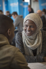 Refugees participating in a job interview training session Volunteers role play as interviewers