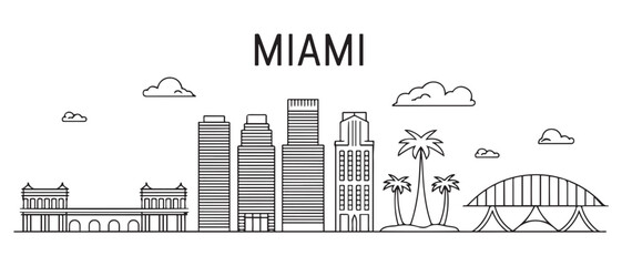 Miami Line Art skyline. Travel Miami famous landmarks. Business and tourism concept for presentation, banner, web site. with white background