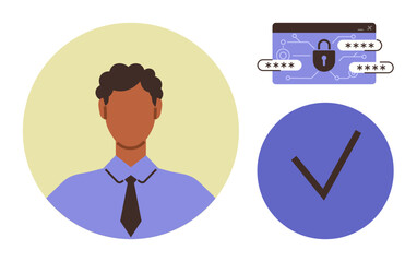 Formal avatar in tie, locked password bar with circuits, blue checkmark symbol. Ideal for security, data protection, account setup, identity confirmation, privacy, authentication digital trust