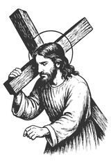 Jesus carrying the cross vector illustration, symbol of suffering, sacrifice, and Christian faith