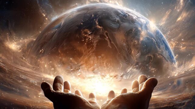 Hands reach out towards a radiant energy emanating from Earth, showcasing the bond between humanity and our planet
