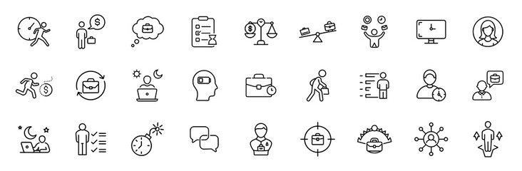 Workaholic Line Icon Set — Minimalist Vector Symbols of Overwork, Stress, Productivity, and Career Balance