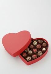 Heart-shaped box with assorted chocolates in red packaging
