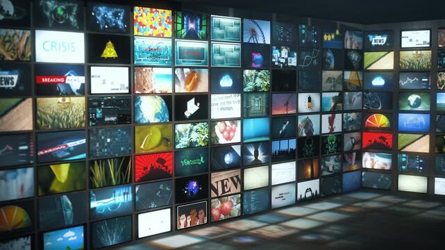 Massive curved wall of content-rich video tiles covering topics such as world news, cybersecurity, agriculture, climate crisis, digital alerts, and smart technology with a floor reflection.