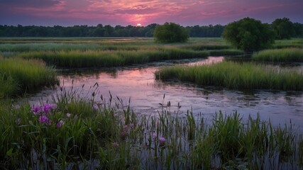 Serene sunset over a tranquil marshland with vibrant flora and reflective water, showcasing nature's beauty