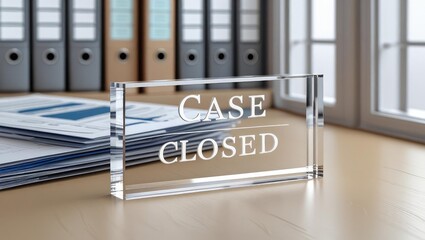 Clear acrylic sign stating "CASE CLOSED" on a desk with files and binders in the background, suggesting a business or legal context.