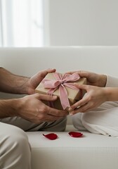 Gift exchange between caucasian young adults with pink ribbon and petals