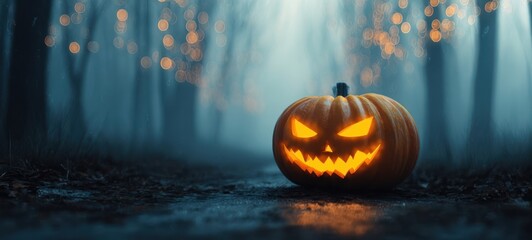 The Jack-o'-lantern Glowing in a Misty Moonlit Forest Path at Halloween Night