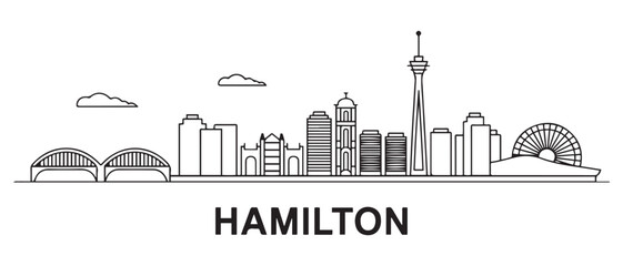 Obraz premium Hamilton Line Art skyline horizontal banner. Hamilton, Canada. Vector template for your design. with white background