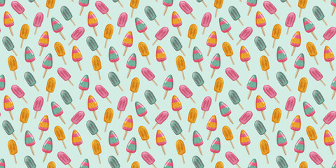 Colorful seamless pattern featuring ice cream on a light background suitable for fabric design