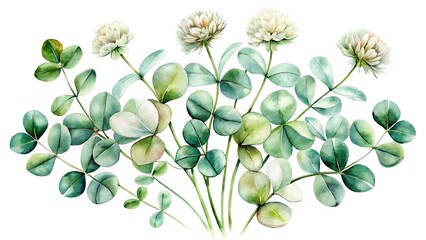 Watercolor illustration of a lush clover patch with delicate white flowers isolated on white background, a symbol of luck and natures beauty