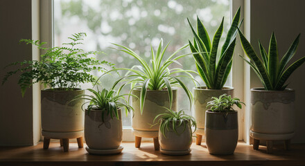 A variety of houseplants in decorative pots sit on a wooden windowsill, bathed in soft natural light from the window, bringing a touch of nature indoors and enhancing the cozy atmosphere of the space.