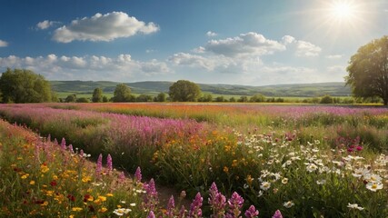 Fototapeta premium Vibrant wildflower field under a bright sky, showcasing colorful blooms and distant hills