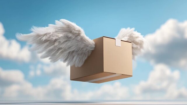 A cardboard box with wings glides through a bright blue sky, embodying the essence of delivery service