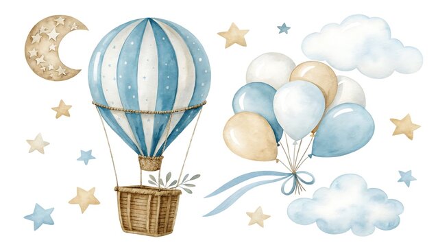 Watercolor illustration isolated on white background featuring a hot air balloon, moon, stars, clouds, and balloons for baby shower decor