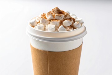 Delicious hot chocolate topped with marshmallows and whipped cream in a to go cup