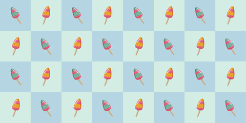 Colorful ice cream popsicle pattern on light blue fabric for summer-themed designs