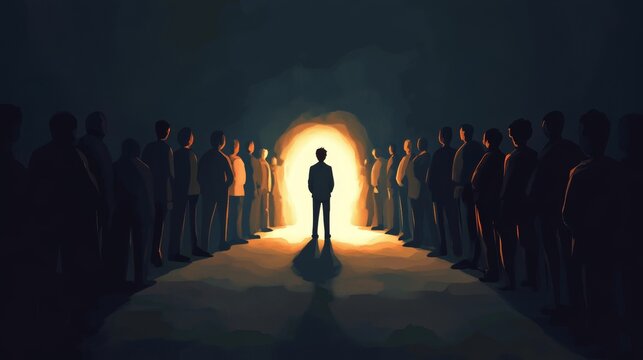 A solitary figure stands illuminated at the end of a tunnel, facing a crowd in shadow.
