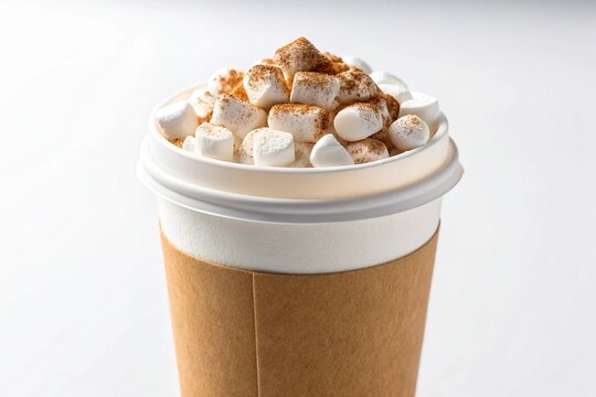 Delicious hot chocolate topped with marshmallows and whipped cream in a to go cup - Powered by Adobe
