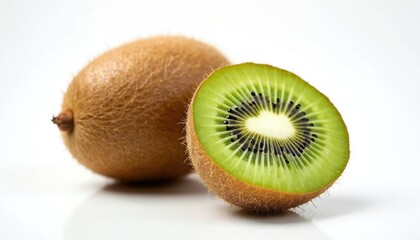 Fototapeta premium Whole, half kiwi fruits displayed on clean white background. Fuzzy brown peel surrounds vibrant green flesh with tiny black seeds arranged in circle. Healthy fruit offers fresh, juicy look perfect