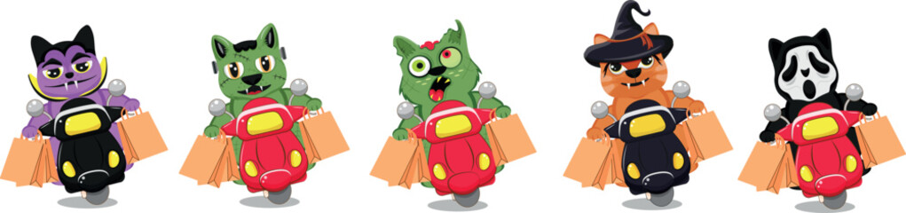 Set of Halloween courier characters delivering paper bags with goods on a moped. Cats in Halloween costumes of Frankenstein, witch, zombie, Dracula and in a scream mask. For festive Halloween designs