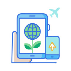 Eco-friendly travel app on mobile devices with a planet and airplane icon